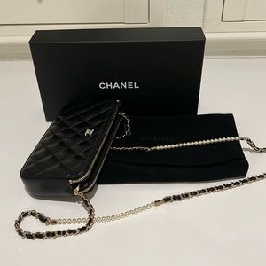 Chanel wallet on pearl and classic Chanel chain